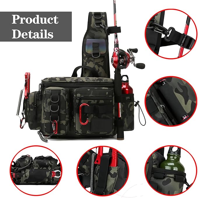 YIANTU-Fishing Tackle Backpack Fishing Fanny Pack Crossbody Bag Fishing Tackle Box Organizer with Rod & Gear Holder, Ideal for Fishing, Camping, Hiking and More!, 16.5*8.3*6.7inches
