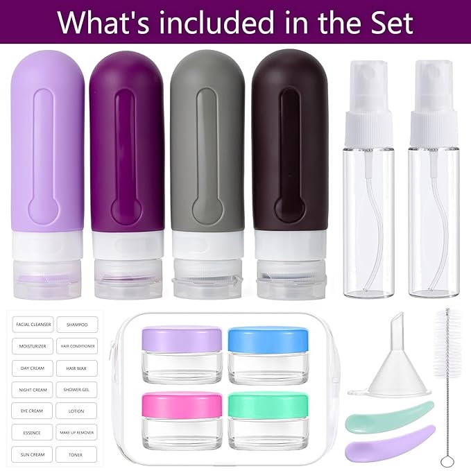 16pack Travel Bottles for Toiletries, TSA Approved LeakProof Squeezable Silicone Toiletry Containers for Shampoo, Conditioner, 3oz Portable Refillable Traveling Size Liquid Containers (16Pcs/Purple)