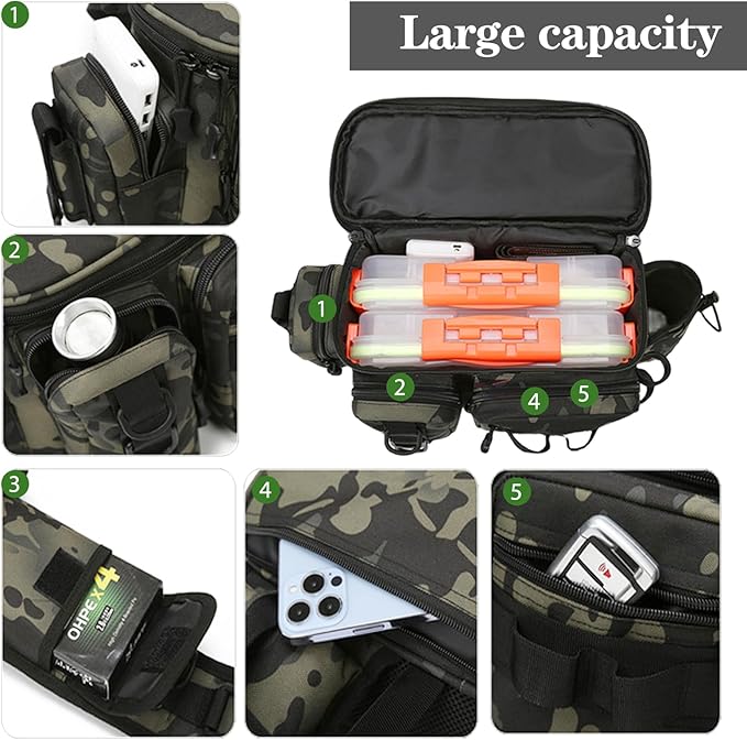 YIANTU-Fishing Tackle Backpack Fishing Fanny Pack Crossbody Bag Fishing Tackle Box Organizer with Rod & Gear Holder, Ideal for Fishing, Camping, Hiking and More!, 16.5*8.3*6.7inches