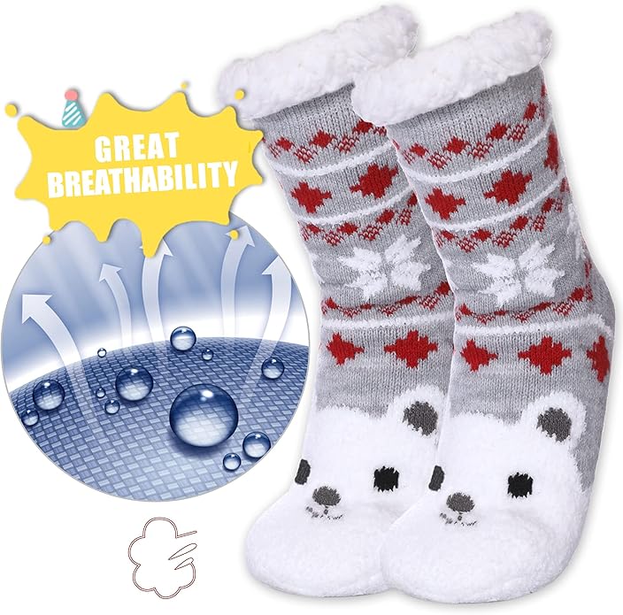 Yebing Kids Boys Girls Slipper Socks Cute Animal Fuzzy Winter Warm Fleece Lining Christmas Socks With Grippers