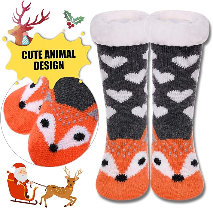 Yebing Kids Boys Girls Slipper Socks Cute Animal Fuzzy Winter Warm Fleece Lining Christmas Socks With Grippers