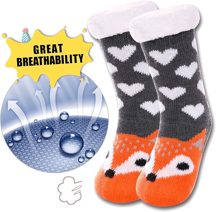 Yebing Kids Boys Girls Slipper Socks Cute Animal Fuzzy Winter Warm Fleece Lining Christmas Socks With Grippers