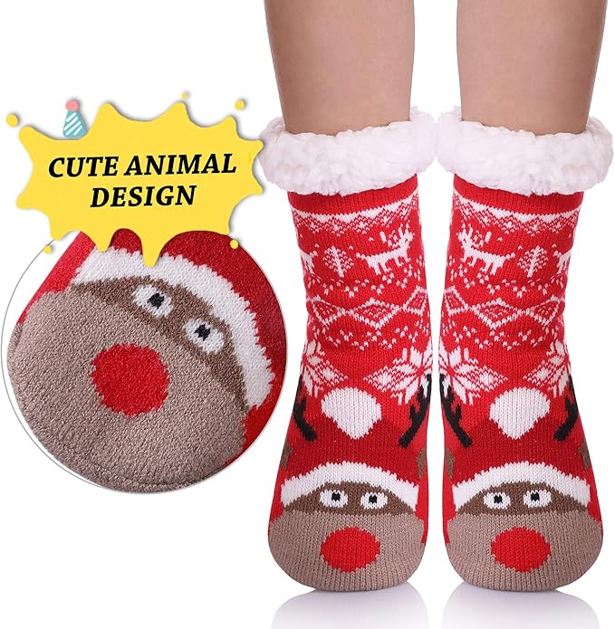 Yebing Kids Boys Girls Slipper Socks Cute Animal Fuzzy Winter Warm Fleece Lining Christmas Socks With Grippers
