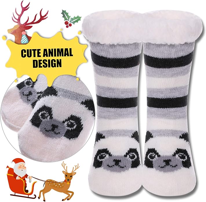 Yebing Kids Boys Girls Slipper Socks Cute Animal Fuzzy Winter Warm Fleece Lining Christmas Socks With Grippers