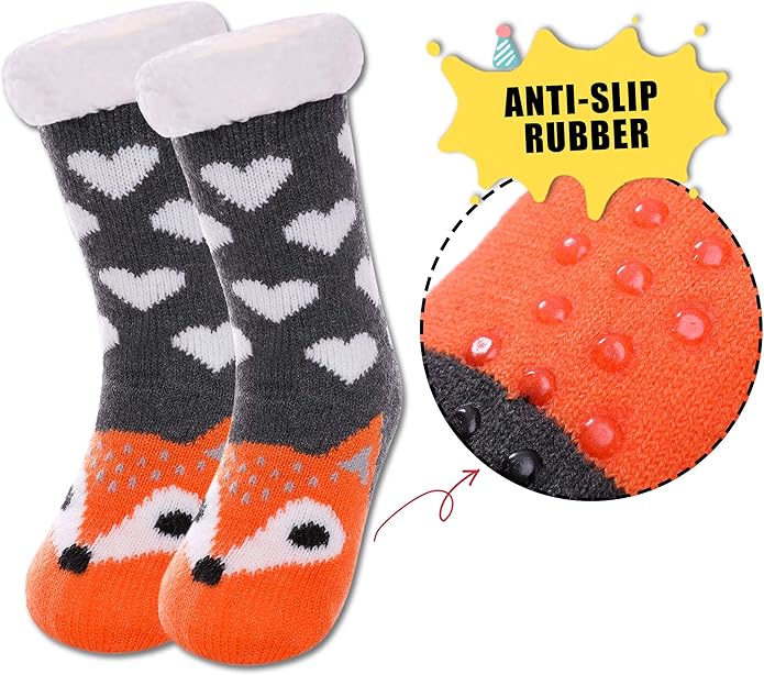 Yebing Kids Boys Girls Slipper Socks Cute Animal Fuzzy Winter Warm Fleece Lining Christmas Socks With Grippers