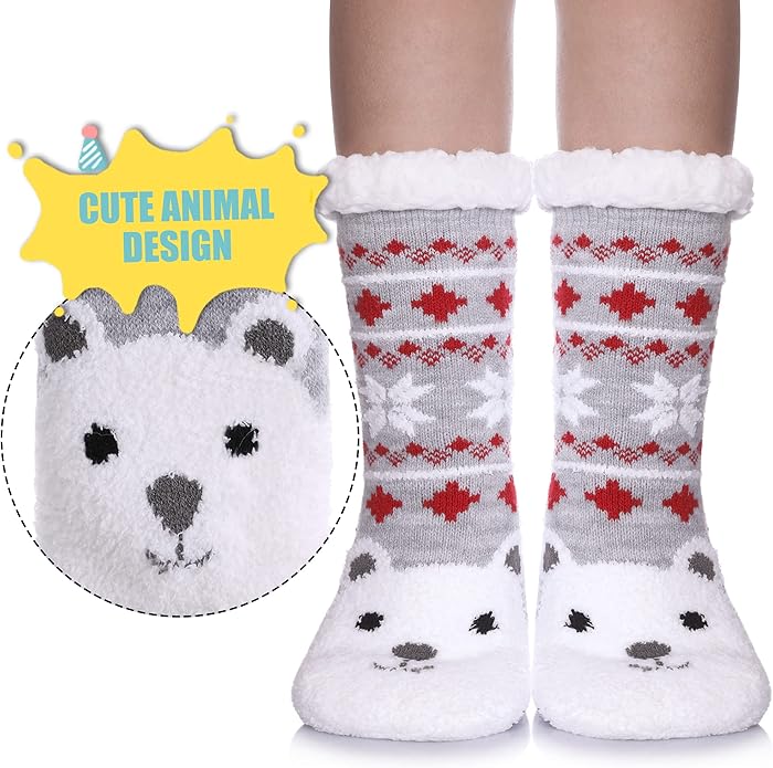 Yebing Kids Boys Girls Slipper Socks Cute Animal Fuzzy Winter Warm Fleece Lining Christmas Socks With Grippers