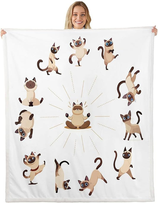 Yoga Cat Sherpa Blanket Siamese Cats Fleece Throw Blanket for Sofa Couch Bed Cute Pet Decor Cartoon Animals Plush Blanket Magical Animal Fuzzy Blanket Twin 60"x80"