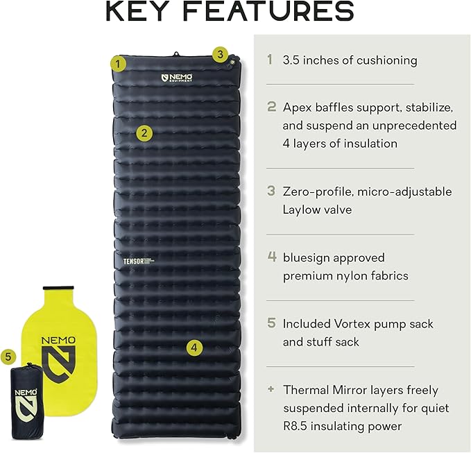 Nemo Equipment Tensor Extreme Conditions Sleeping Pad - Long Wide (76"x25") - Black/Birch Bud/Citron