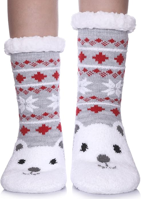 Yebing Kids Boys Girls Slipper Socks Cute Animal Fuzzy Winter Warm Fleece Lining Christmas Socks With Grippers