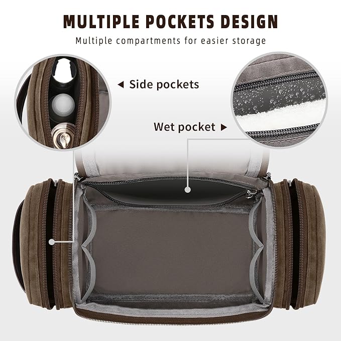 ZOMFELT Travel Toiletry Bag for Men, Travel Essentials Shaving Dopp Kit, Canvas Mens Toiletry Travel Bag, Water Resistant Cosmetic Bag for Toiletries Accessories, Brown