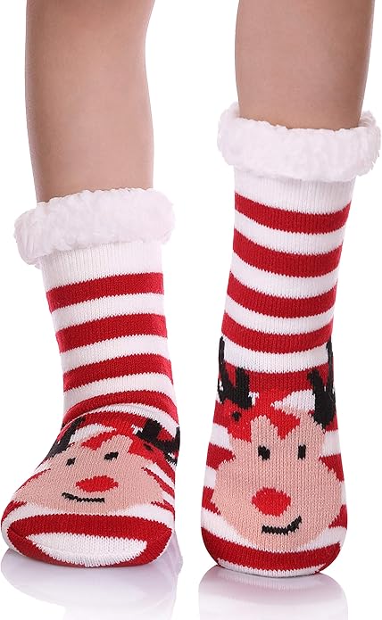 Yebing Kids Boys Girls Slipper Socks Cute Animal Fuzzy Winter Warm Fleece Lining Christmas Socks With Grippers