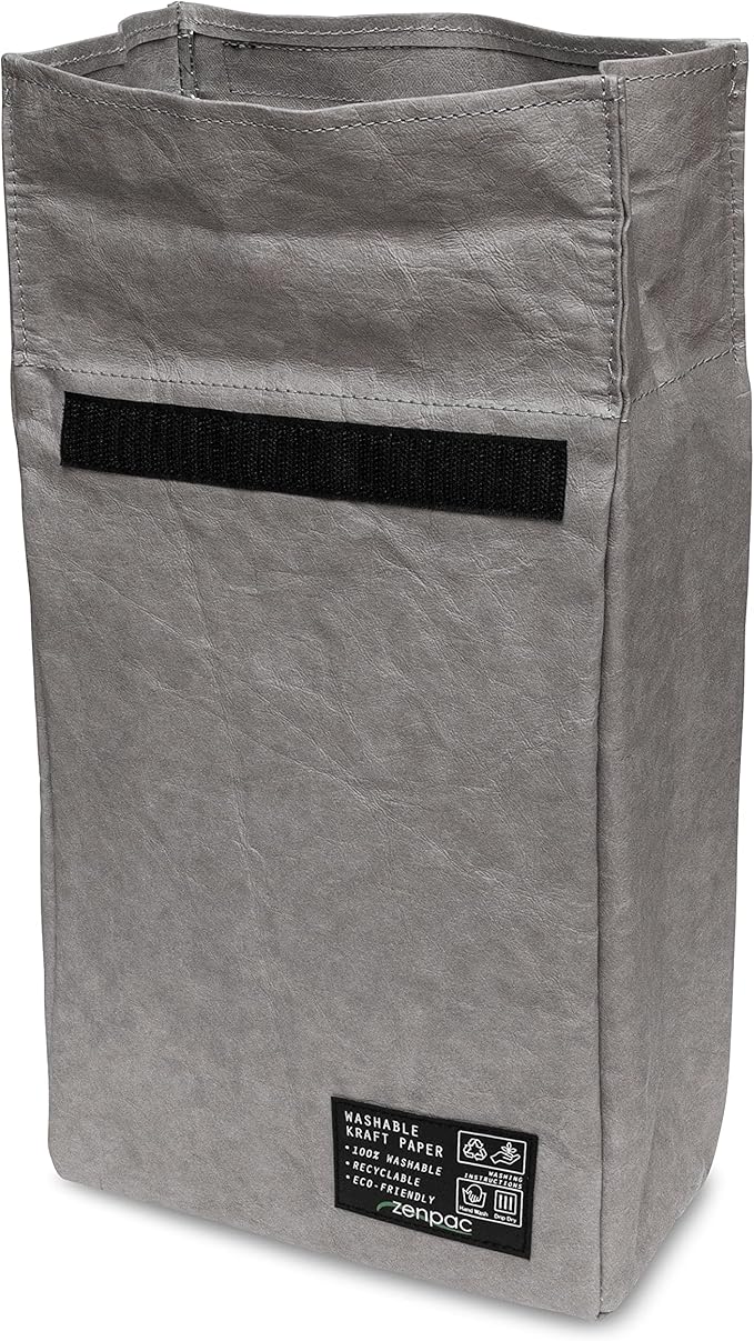 ZENPAC Small Silver Insulated Bag, Lunch Box for Men, Unisex, Designer Kraft, Washable, Spill Proof Sandwich Sack for Work, School, Picnic, 8.5x4.5x12